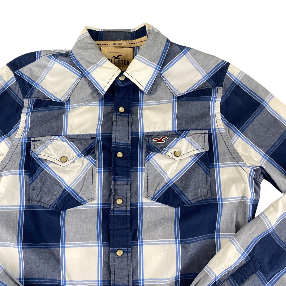 Hollister Surfer Plaid Western Snap Button‎ Long Sleeve Shirt Mens L Blue White